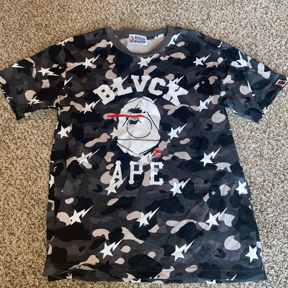 A bathing ape grey, black and white shirt